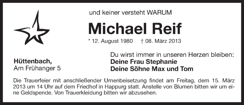  Traueranzeige für Michael Reif vom 13.03.2013 aus Pegnitz-Zeitung